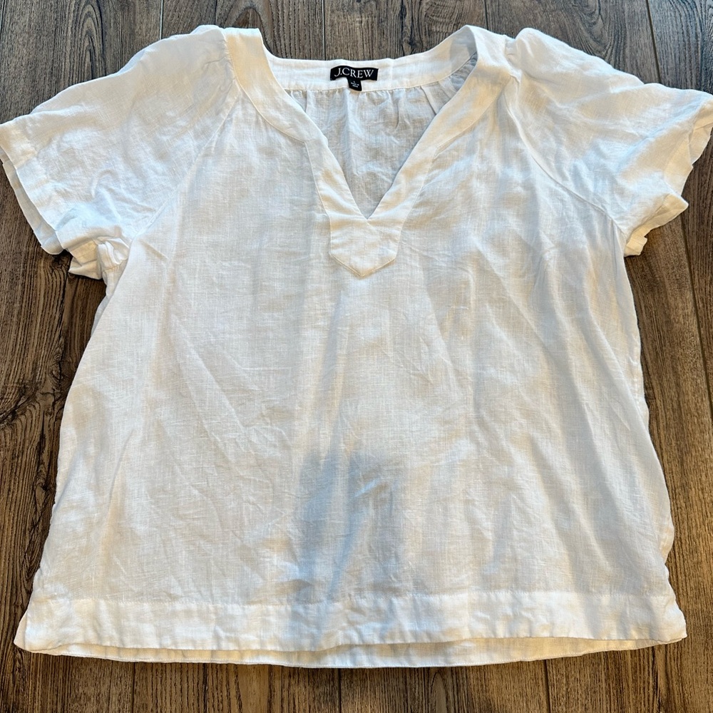 J. Crew White Linen Split V-Neck Short Sleeve Top Large